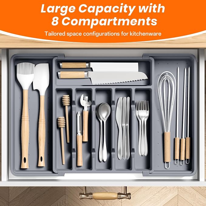 RoomHacks Large Silverware Organizer,Expandable Utensil Drawer Organizer,BPA Free Utensil Holder,Adjustable Silverware Tray Cutlery Drawer Organizer for Kitchen Flatware,Large,Grey,2 Pack