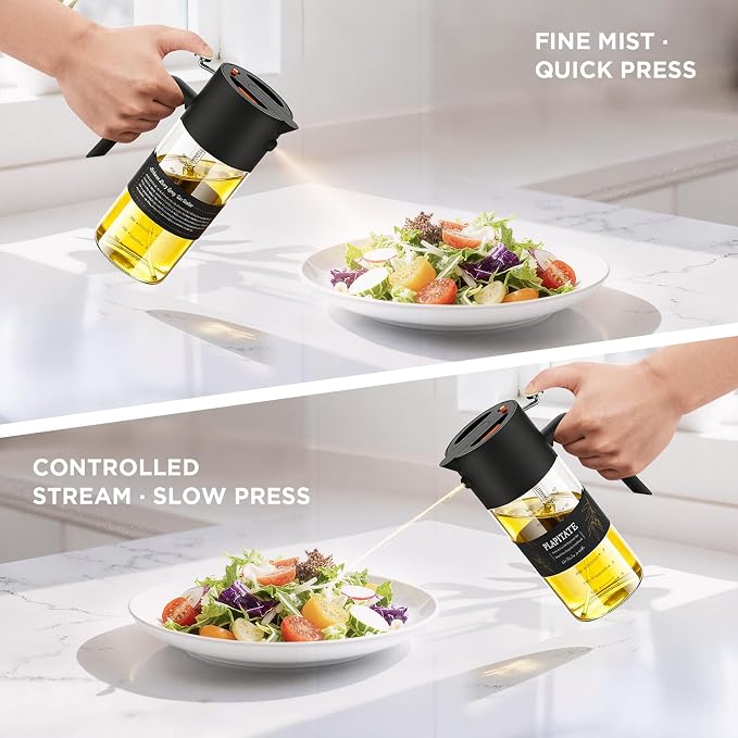 PLAPITATE 2Pcs 17oz Premium Olive Oil Sprayer for Cooking, 2 in 1 Glass Olive Oil Dispenser Bottle for Kitchen Gadgets, Spray Bottle with Portion Control for Salad, Frying, BBQ (Black & Gray)