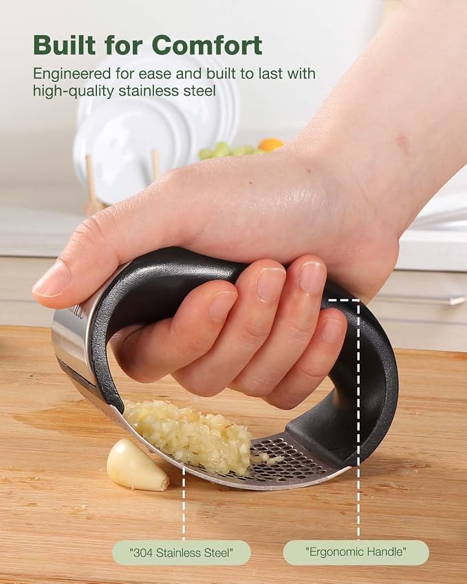 Garlic Press Rocker - Stainless Steel Garlic Crusher, Mincer and Chopper with Peeler & Scraper, Easy Kitchen Gadget for Effortless Smashing