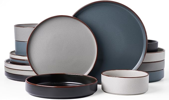 Famiware Nebula Ridge 16-Piece Dinnerware Set with Pasta Bowls, Multi-color | Stoneware Plates and Bowls for 4, Warm Hand-Painted Rims, Microwave and Dishwasher Safe