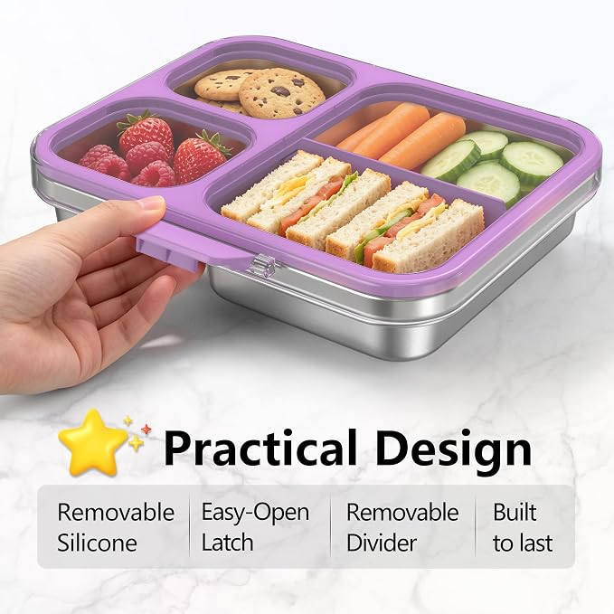 HOMEKOL Stainless Steel Bento Lunch Box 3-Compartment, 4.2Cups, Purple | Leak-Proof Metal Lunch Container for Kids & Adults, BPA-Free, Dishwasher Safe, Clear Tritan Lid, 1000ml (Not Insulated)