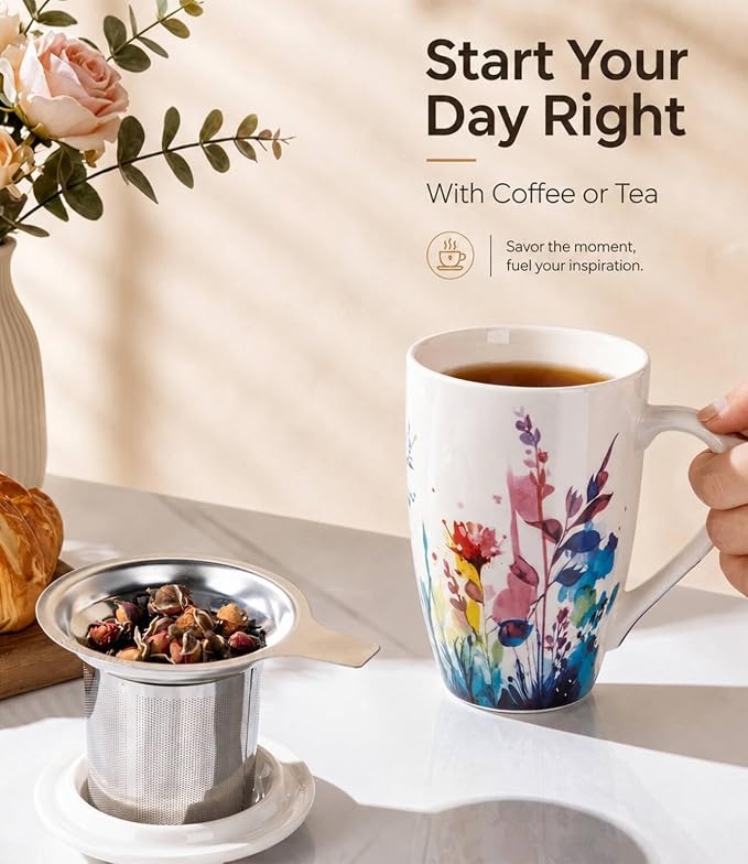 AmorArc Tea Cup With Infuser and Lid, 18oz Loose Leaf Tea Mug With Steeper | Porcelain Tea Mug With Infuser and Lid, Strainer Tea Cup for Tea Lovers, Home & Office, Housewarming Birthday Gift