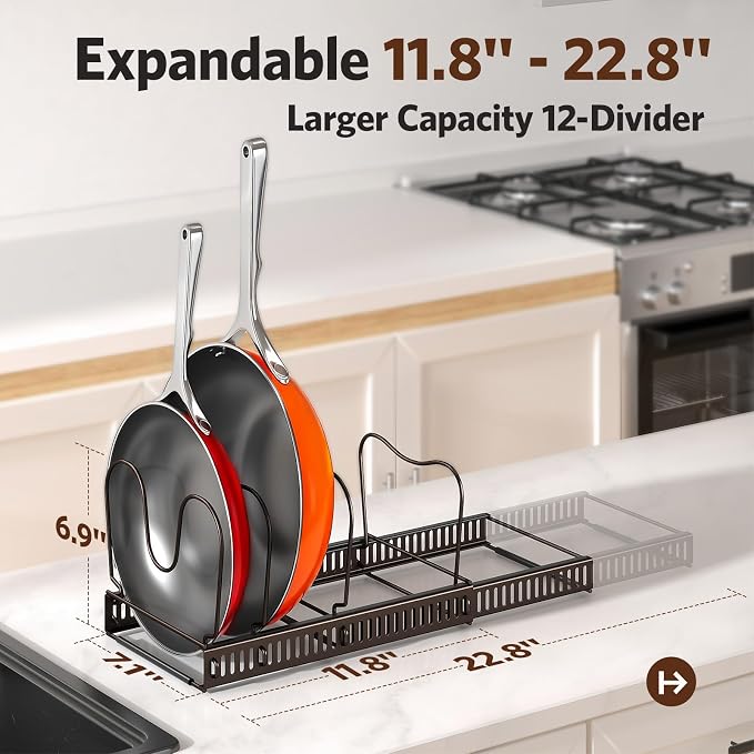 Pots and Pans Organizer under Cabinet, 11.8-22.8" 12 Dividers Bronze | Extends 11.8-22.8", Holds pot lids, pans, cookware and bakeware, Adjustable dividers, for under cabinet or countertop