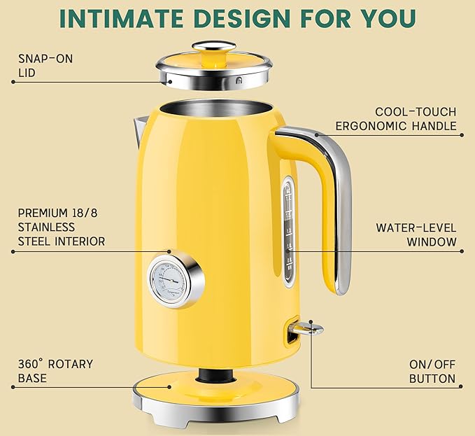SUSTEAS 57oz Electric Kettle with Thermometer, Hot Water Pot, Retro Yellow | Electric Tea Kettle for Boiling Water, 1500W Stainless Steel Pot, Cordless LED Indicator, Auto Shut-Off & Boil Dry Protection
