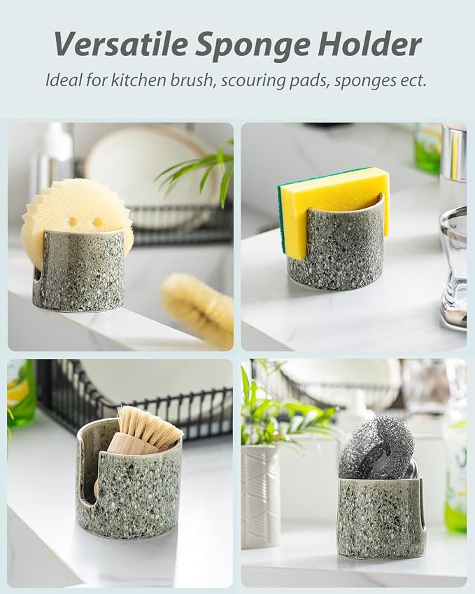 Zoeeker Kitchen Sponge Holder, Ceramic Dish Sponge Holder Scrubby Daddy | Cute Sink Caddy Dish Brush Drying Rack Scouring Pad Holder for Bathroom Countertop, Farmhouse Kitchen Decor, Special Gray