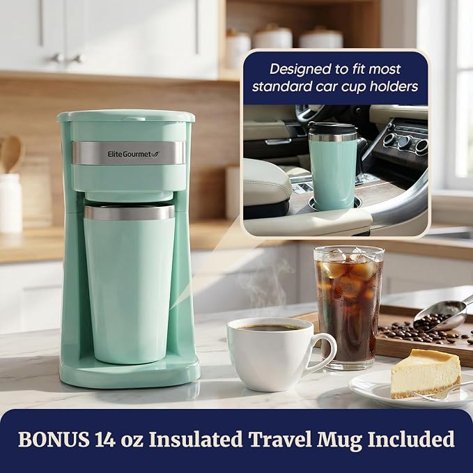 Elite Gourmet EHC113M Personal Single-Serve Compact Coffee Maker, Mint | Includes 14oz stainless steel interior thermal travel mug, reusable filter - compatible with coffee grounds