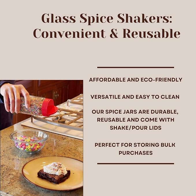 Glass Spice Jars with Shaker Lids - Spice Jars 16 oz for Food Storage, Spice Containers for Kitchen Organization, Organizing Bottles for Spices (Red - Set of 3)