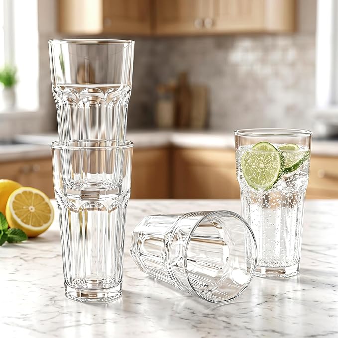 Mapoxy 16oz Highball Glasses Set of 6, Thick Lead-Free Glass Tumblers | Clear Drinking Glasses with Heavy Base for Water, Juice, Beer, Cocktails, Dishwasher Safe Bar Glassware, Ideal Gifts