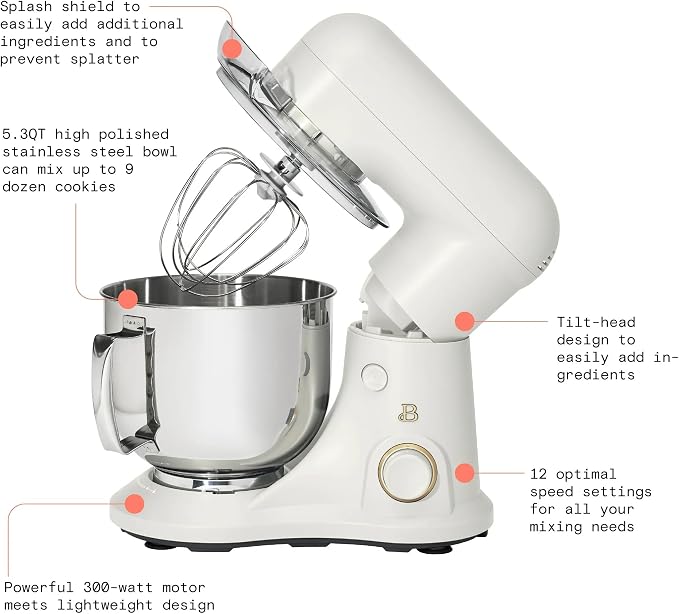 5.3 Qt Stand Mixer, 300W Electric Kitchen Mixer with 12 Speeds, Tilt Head Design, Stainless Steel Bowl, Dough Hook Whisk Beater Splash Guard (White Icing)