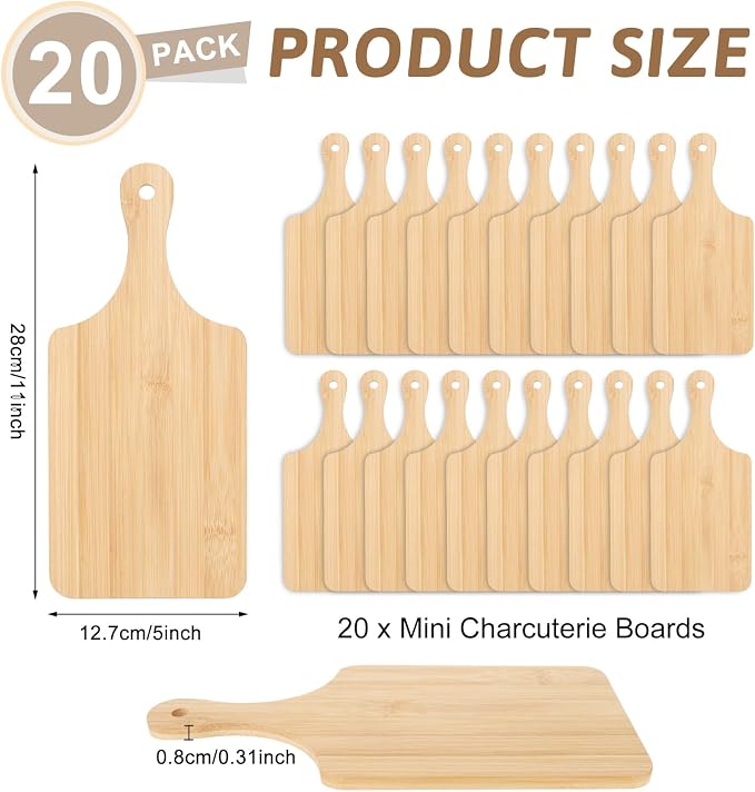 Mini Cutting Boards 20 Pcs Small Charcuterie Boards with Handle 11" x 5" | Material: Bamboo. Suitable for crafts wedding housewarming gifts. Unfinished Wooden Cutting Boards