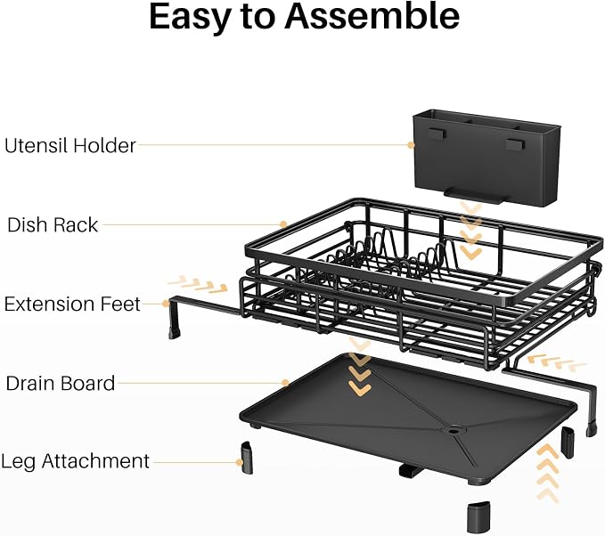Expandable Dish Drying Rack for Kitchen Counter, Stainless Steel, Black | Foldable Over Sink, Large Capacity, Adjust to Fit Most Sinks, Angled Drainboard, Removable Utensil Holder, Slip Resistant