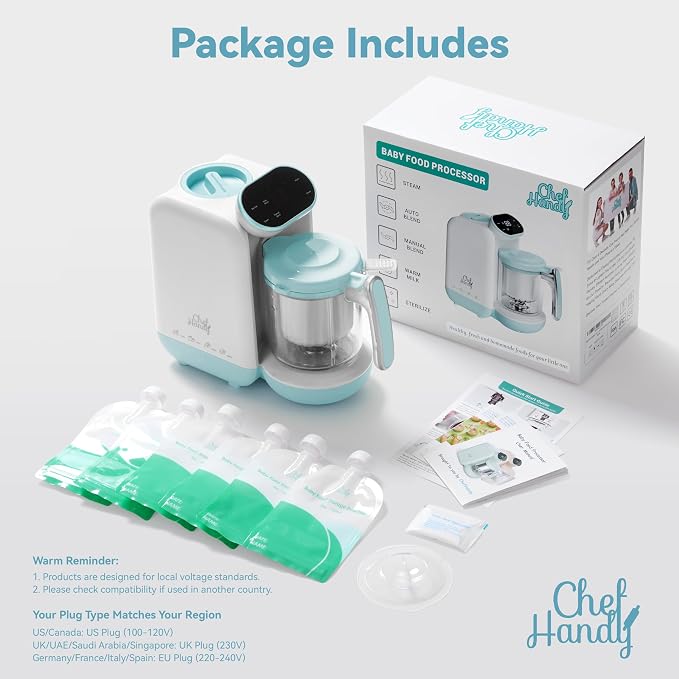 Baby Food Maker with Stainless Steel Steam Basket, One-Step Steam & Blend | All-in-one food processor with BPA-free food-contact parts, adjustable textures, 6 food pouches, plus a recipe guide.
