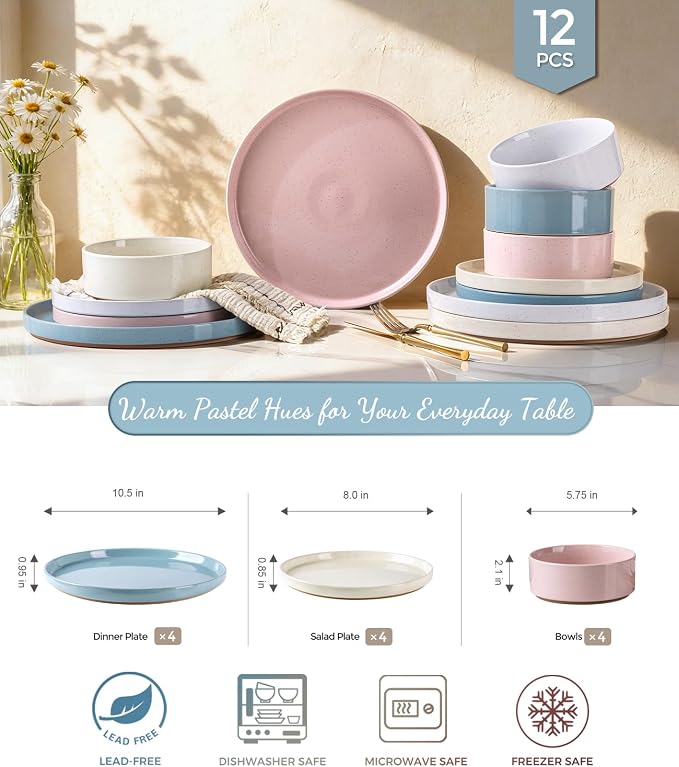 AmorArc Stoneware Dinnerware Sets for 8,24Pcs Plates and Bowls Set | Handmade Ceramic Dish Set,Dishwasher & Microwave Safe,,Scratch Resistant-Colorful