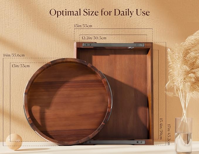 Acacia Wood Serving Tray with Metal Handle, 17x13in Tray for Ottoman | Decorative Food & Drink Tray for Coffee Table, Breakfast, Dinner, BBQ, Party, Lap, Couch, Rustic Home Decor, Elegant Gift Box