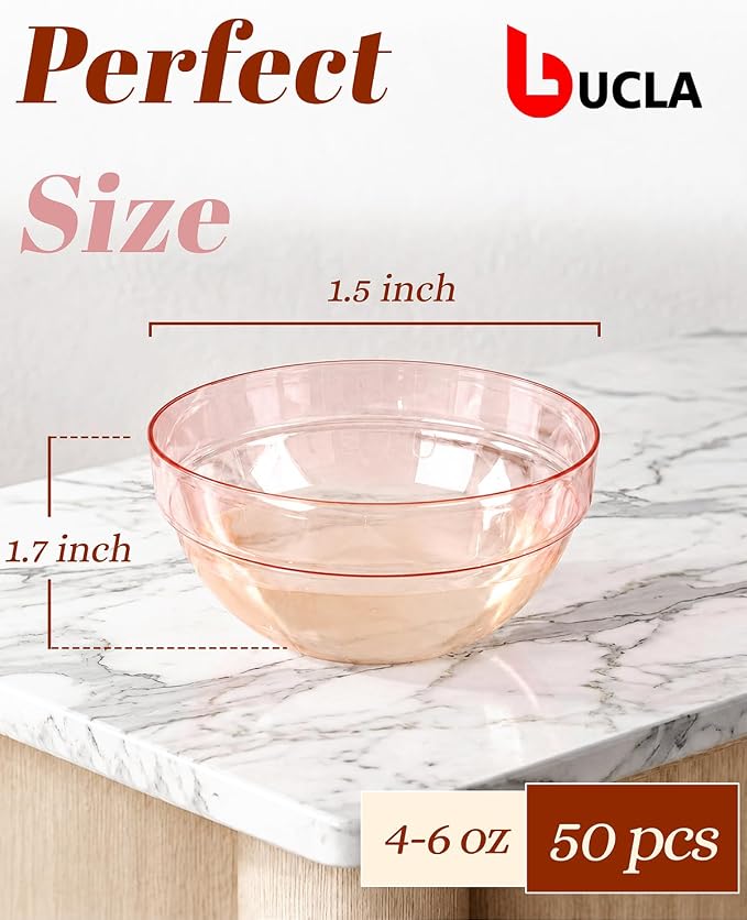 bUCLA 50 Pack Plastic Prep Bowl Sets, 6oz Clear Pink Small Pinch Bowls | Small Bowls for Salt, Spices, Chopped Ingredients, Dipping Sauces, Ice Cream Toppings, Pudding