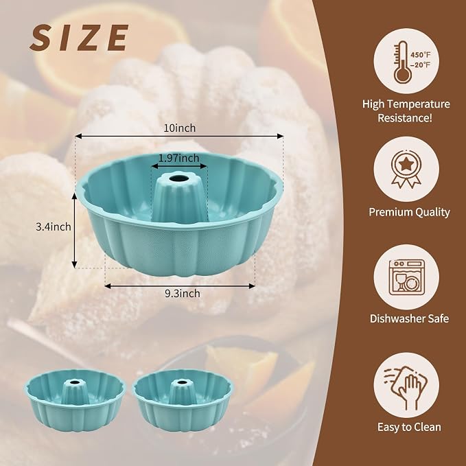 2 Pack Silicone Cake Pan,Jello Moldes Para Gelatinas，10 Inch, Blue+Blue | Nonstick,Cake Pans，moldes para gelatinas，Pound Cake Pan, Baking For Jello, Gelatin, Cake, Brownie and Bread