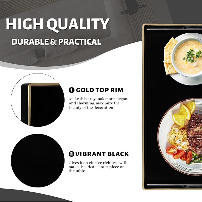 Black Decorative Tray for Coffee Table, Serving Tray with Handles | Plastic Melamine Tray, Modern Ottoman Tray, Rectangular Countertop Organizer Tray for Living Room, 15.8"L x 10.2"W x 1.4"H
