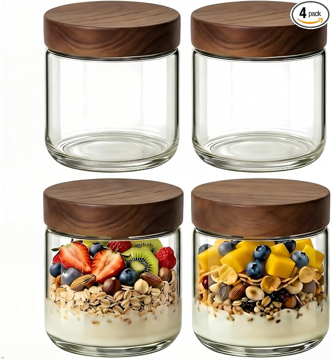 8oz 4 Pack Glass Mason Jars Overnight Oats Containers with Acacia Wood Lid | Airtight Small Glass Containers with Screw on Top Wide Mouth Food Storage Jar for Canning, Breakfast, Jam, Fruit and Dressing