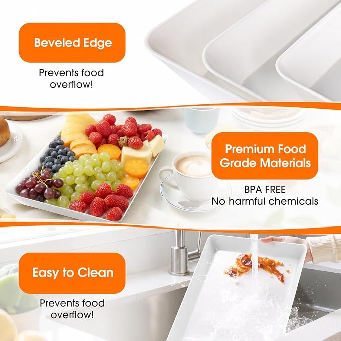 SpaceWhisper Serving Tray, White, 3 Pack, Rectangular Appetizer Platters | Stackable and Lightweight, Glossy PP Plastic,16 x 11 in, 14 x 9 in, 12 x 7 in, for Parties, Buffets, and Everyday Meals