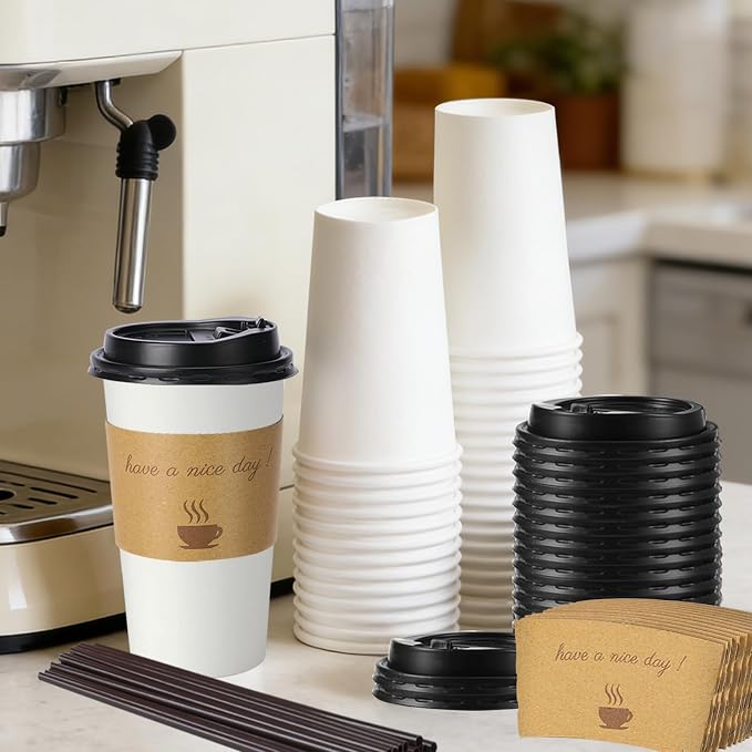 BYSNOW 20 oz 50 pack Disposable Paper Coffee Cups with Lids To Go Cups | Paper To Go Cups with Lids, Sleeves and Stirring Sticks, for Home, Office and Party (White 20oz)