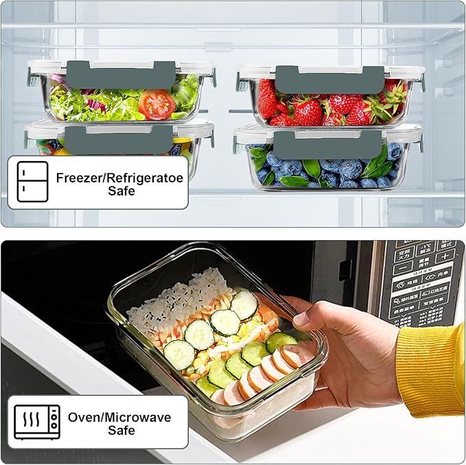 VERONES 10 PACK 22 OZ Glass Meal Prep Containers Set with Lids, Grey | Airtight Glass Lunch Containers Set, Glass Food Storage Containers, for Microwave, Oven, Freezer & Dishwasher Friendly