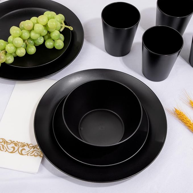 32pc Reusable Black Wheat Straw Dinnerware Sets Black Dishes for 8 | Unbreakable dishes set includes plates, bowls, cups, and napkins. Lightweight, stackable, and dishwasher safe for outdoor use