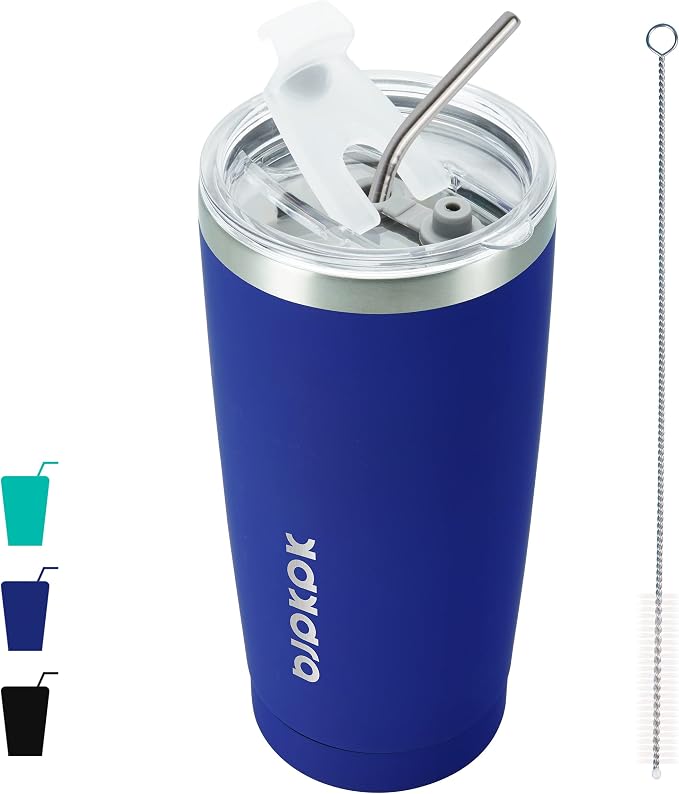 BJPKPK 20 oz Coffee Tumbler with Lid, Straw, Insulated Stainless Steel Mug | Double Wall Vacuum, Keeps Hot/Cold, BPA Free, Leak Proof, Iced Coffee Cup Fit Car Holder, Travel & Beach Ready, Blue