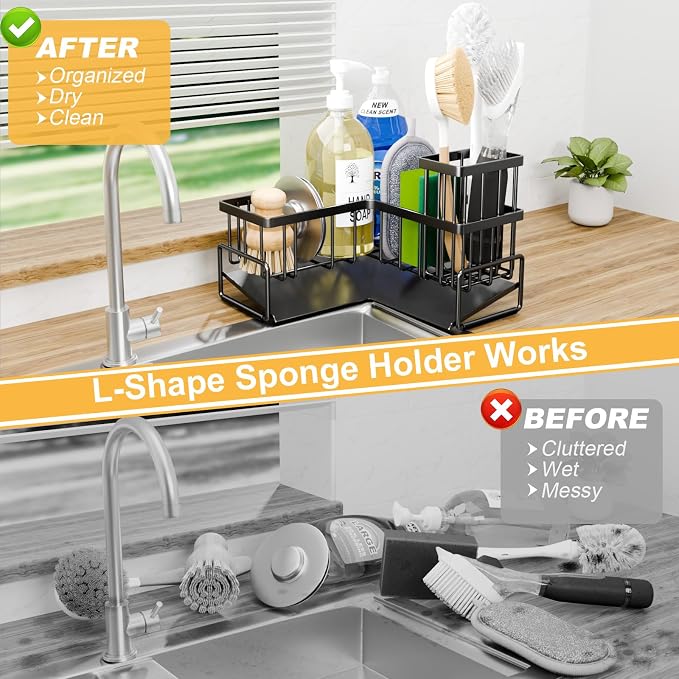 TEAMOLA Kitchen L-Shaped Sponge Holder - Large Metal Sponge Sink Caddy | Black Metal Corner Sponge Caddy, Sloped Drain Tray for Sink, Kitchen Countertop Organizer Holds Soap Brush Sponge Non-Slip