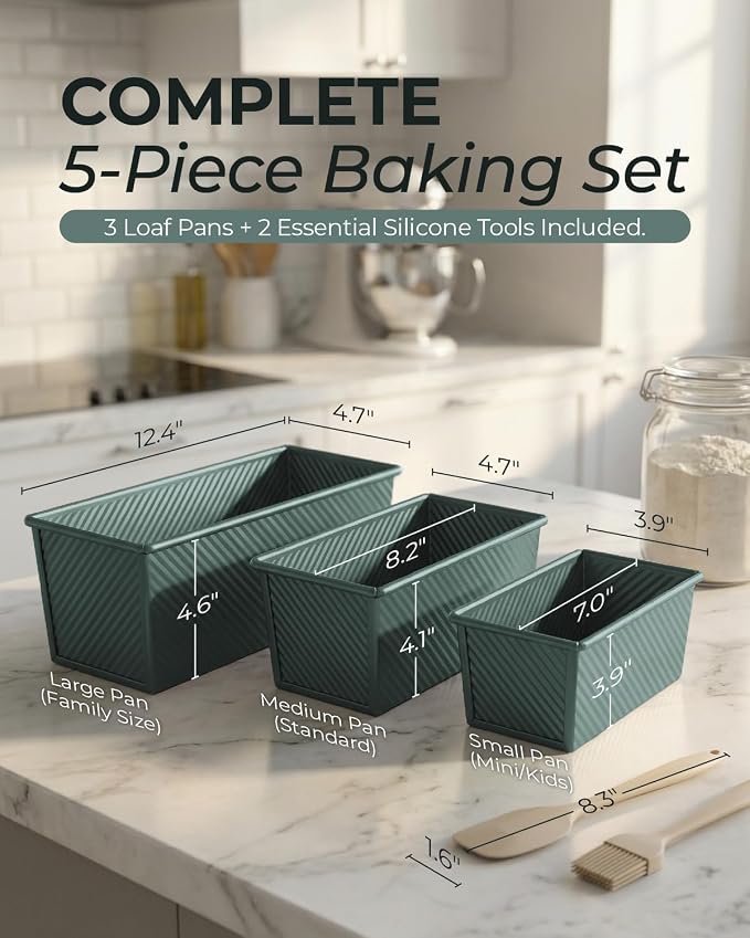 CARTMAN 3-Piece Pullman Loaf Pan with Lid, 2.2/1/0.8 LB Bread Pan, Green | Includes 2.2/1/0.8 LB sizes & silicone tools, bottom vents, nonstick carbon steel, nesting storage, for bread & brownies