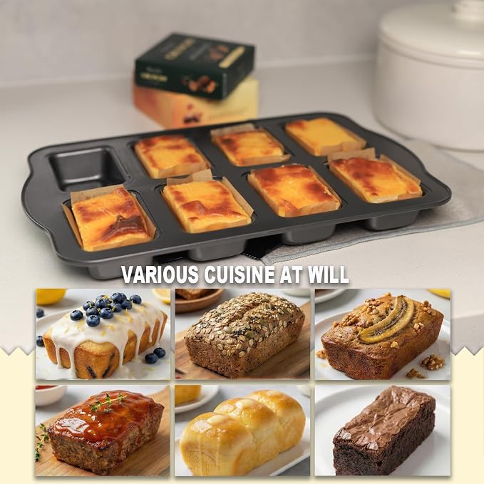 Mini Loaf Baking Pans Set 8-Cavity with 200 PCS Parchment Liners, Nonstick Bakeware Rectangle Bread Pan, Heavy Duty Banana Bread Pan, Grey