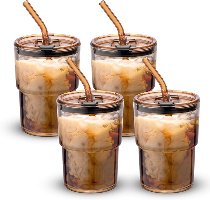 BLUEPOLAR 13 oz Tumbler Water Glass, Water Bottle with Straw and Dustproof Lid, Coffee Ice Cup Double Wall Insulated Glass Cup (Amber-4pack)