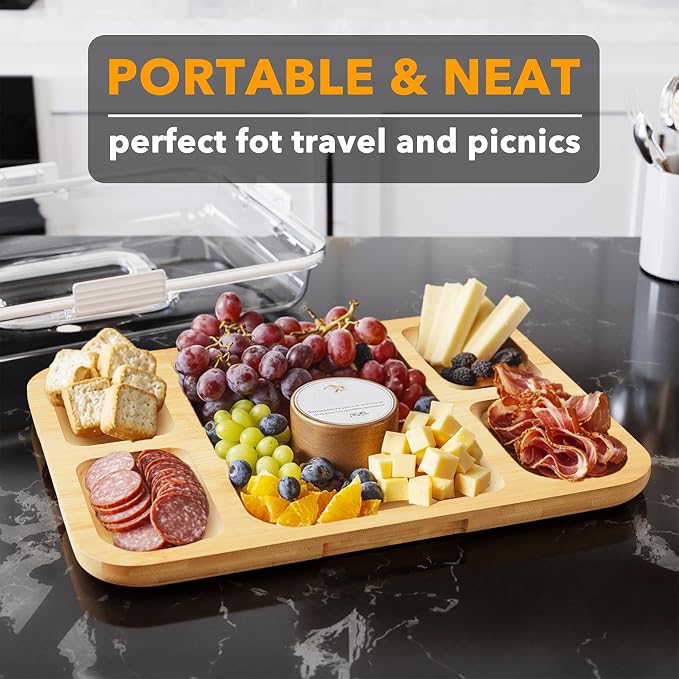 SpaceAid Charcuterie Board with Clear Lid, Portable Travel Cheese Cutting Boards for Picnic Accessories, Bamboo Serving Tray with Lids, House Warming Gifts, White Handles, 5 Compartments