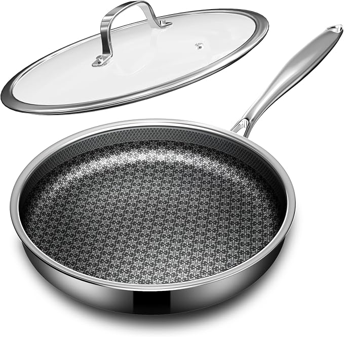 Non Stick Frying Pans with lid, 10 inch Hybrid Frying Pans Nonstick, non stick Stainless Steel Skillets, Dishwasher and Oven-Safe, nonStick Cookware, Induction Compatible Cooking Pan