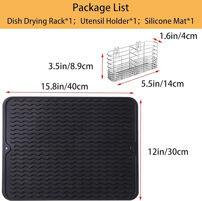 NiuYichee Stainless Steel Dish Drying Rack(14.2" L x 9.5" W x 4.1" H), Expandable Fruit & Vegetable Drain Rack Over Sink, Dish Drainer Rack in Sink, with Utensil Holder & 16" Silicone Mat