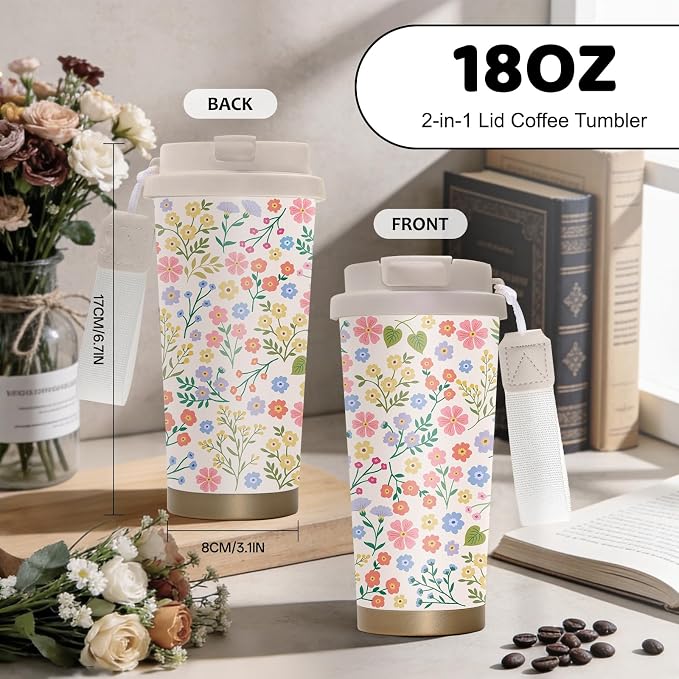 Floral Tumbler Stainless Steel 2-in-1 Lid Coffee Tumbler 18 oz Flowers Aesthetic Insulated Travel Coffee Mug Floral Water Bottle for Women Girls Birthday Christmas