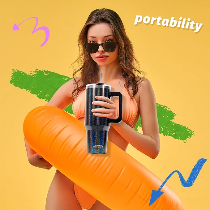 30 oz Shiny Tumbler with Handle and Straw,Stainless Steel Tumbler with Lid and Straw,Insulated Travel Mug(Cold for 34 Hours),Water Bottle for Iced Tea,Coffee (Black)