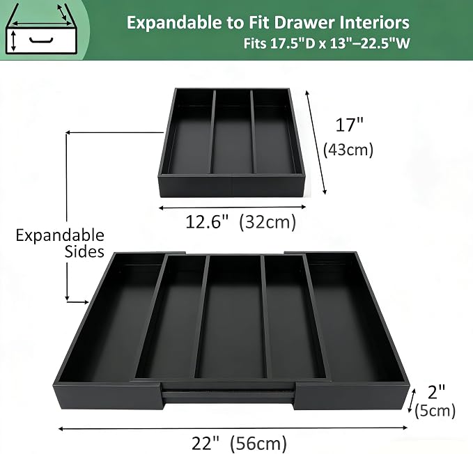 Utoplike Bamboo Drawer Organizer Kitchen Utensils, Silverware Tray Black | Adjustable Cutlery Holder Organiser, Expandable Drawer Divider for Flatware, Knives in Kitchen, Bedroom, Livingroom, 3-5 Slot