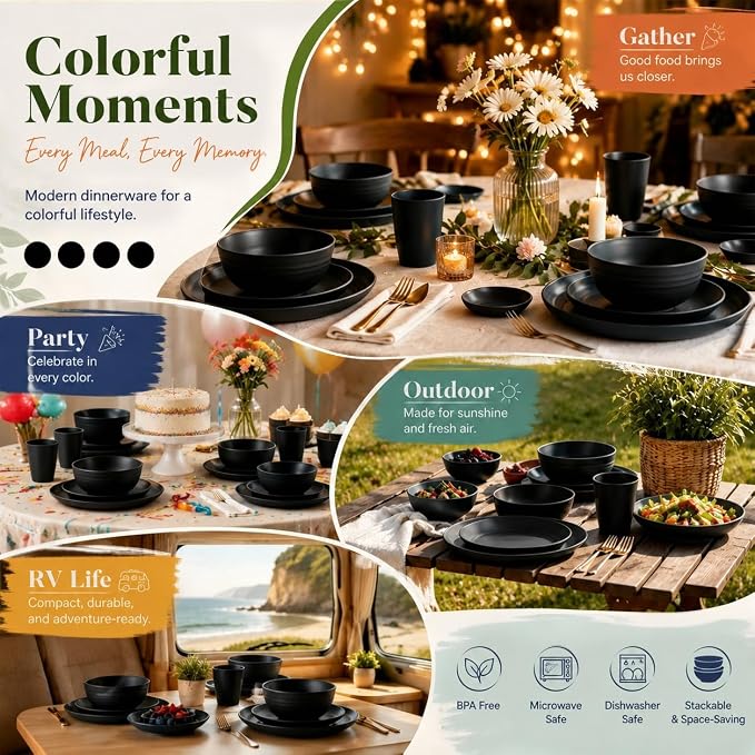 Wheat Straw Dinnerware Sets 40PCS, Black Plates and Bowls Sets for 8 | Unbreakable Dishes Set, Microwave Safe Dinnerware Sets, Dinner Plates/Cereal Bowls/Sauce Dishes/Drink Cups for RV, Apartment