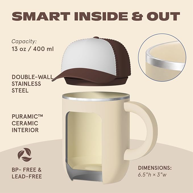 asobu Happy Hat Mug – 12 oz Double-Walled Stainless Steel Insulated Cup with Beanie-Shaped Lid – Ceramic Inner Coating – Spill-Proof and Ergonomic Design for Home and Travel (Brown)