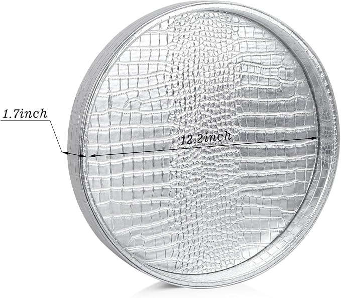HofferRuffer Faux Leather Round Serving Tray, Vegan Croco Leather Decorative Tray, Food Tray for Storage Drinks, Snack & Cosmetics, Dia.12'' x 1.6'' (Silver)