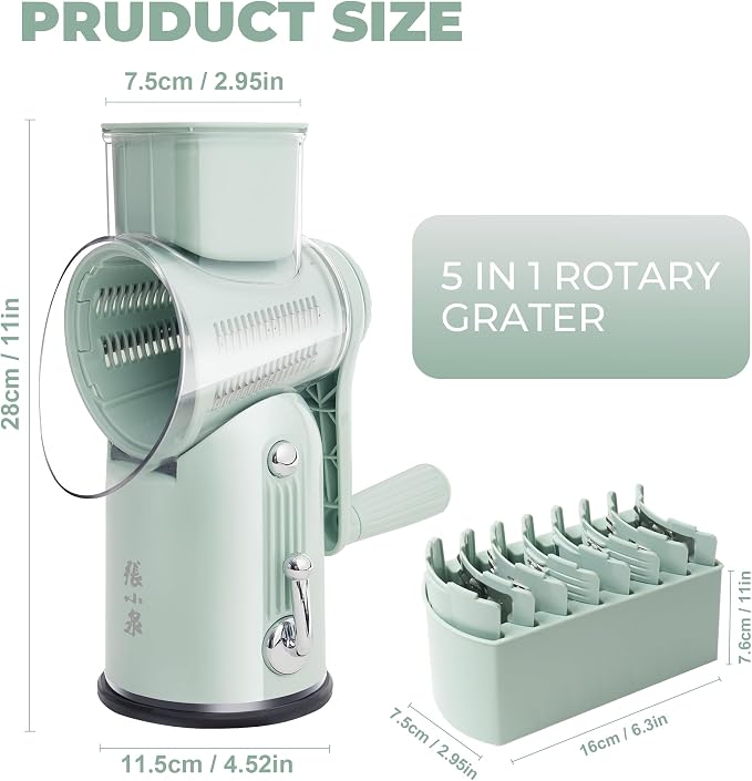Rotary Cheese Grater Manual Hand Crank with 5 Blades & Suction Base, Kitchen Vegetable Shredder Slicer for Veggie, Nuts, Fruit, Green