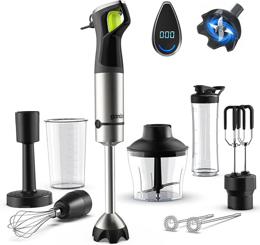 Ganiza Immersion Blender Handheld, Max 1200W Hand Blenders Immersion 9-in-1 | Time Display, Variable Speed Trigger, Corded Handheld Mixers with Chopper Whisk Frother Beaker Ideal for Soup Puree Smoothies