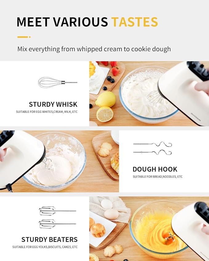 SHARDOR Hand Mixer Electric, 6 Speed & Turbo Mixer Electric Handheld, Snap-On Storage Case,5 Stainless Steel Accessories for Whipping, Mixing Cookies, Brownie, Cakes, Dough Batters, White