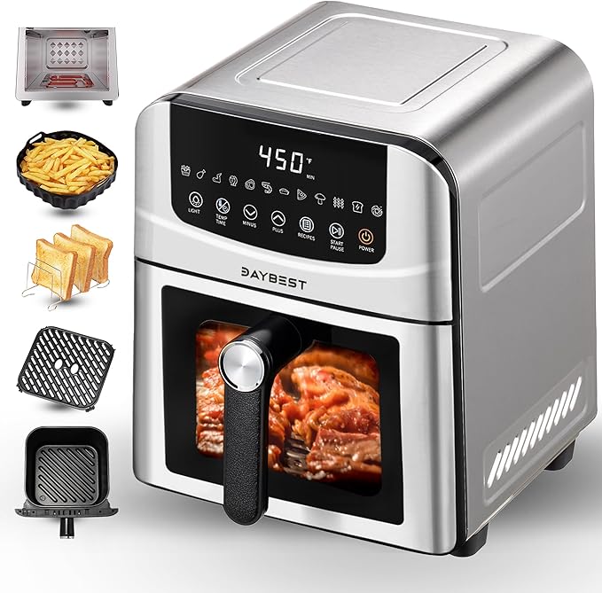 Stainless Steel Air Fryer Ceramic Coated Basket 6QT Dual-Blaze 450℉(Silver) | Non Stick Teflon-Free Premium Coat Healthy and Easy Clean, Max 450℉ Fast Cook in 1700W, Visible 8.27" for 2-3 Servings