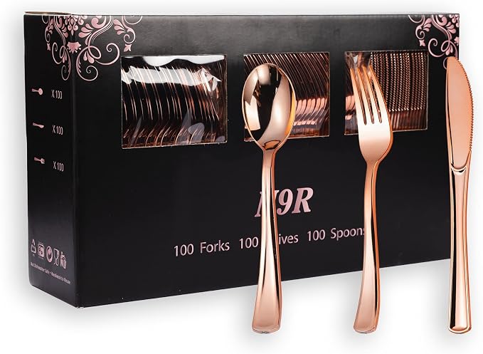 300PCS Rose Gold Plastic Silverware, Disposable Cutlery & Utensils | Heavy Duty Flatware, 100 Forks, 100 Spoons, 100 Knives, for Party, Wedding & Everyday Use