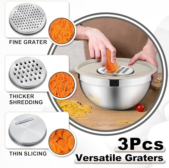 P&P CHEF Mixing Bowls with Lids Set of 6, Nesting Salad Bowl, Khaki | Stainless Steel Bowl & 3 Grater Attachments & Plastic Lid, For Prepping Baking Storing, Sizes with 4.6/2.6/2/1.5/1/0.7 QT