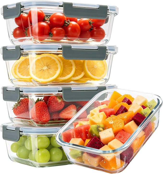 5 Pack 22 oz Glass Food Storage Containers with Lids, Grey | Glass Meal Prep Food Container Sets, Snap Airtight Lid, For Microwave, Oven, Freezer and Dishwasher, BPA Free