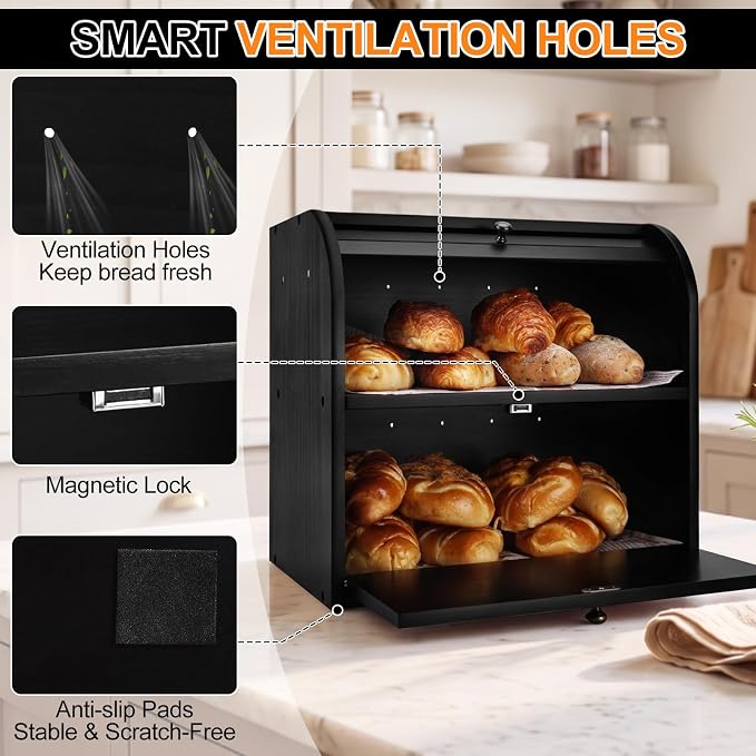 Alpeir Roll Top Bread Box with Cutting Board for Kitchen Countertop, Black | Large Breadbox with Ventilation Holes, Double Layer Pantry Shelf, Wooden Homemade Bread Storage Container, Vintage Farmhouse