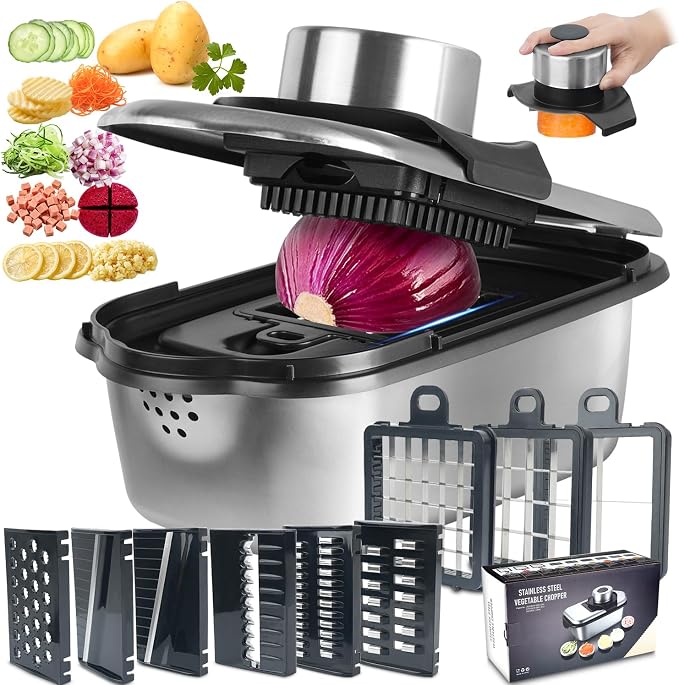 Stainless Steel Vegetable Chopper, 9 Blade Multi Veggie Chopper with Container, Food Cutter Chopper& Grater Mandoline Slicer, Kitchen Tools Gadgets, Onion Slicer, Mincer, Dicer, French Fry Cutter