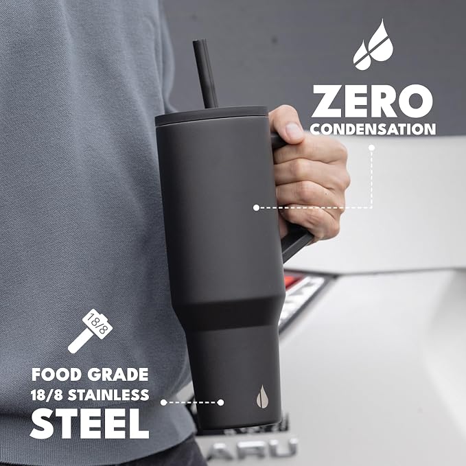 Elemental Spill Proof 40oz Insulated Tumbler with Handle & Straw Travel Mug | Stainless Steel Commuter Travel Coffee Mug for Cold Beverages, Includes 2 Straws & a Spill Proof Lid for Everyday Use